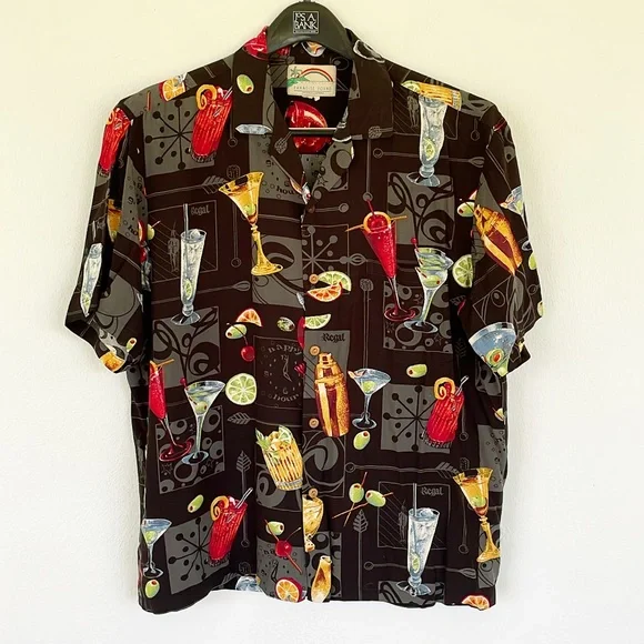 Vintage Paradise Found black happy hour cocktail Hawaiian shirt size medium - Picture 2 of 12